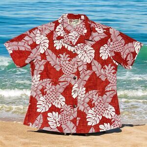 Hilo Hattie Hawaiian Shirt Women’s Medium Red White Palm Print Aloha Button Up